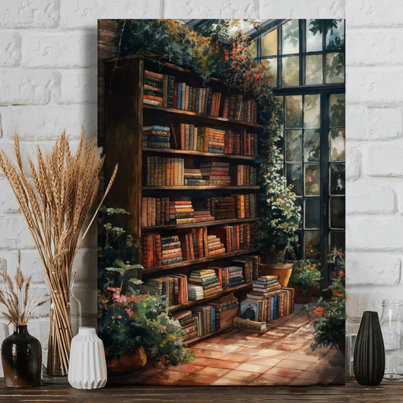 Tablette remplie de livres, art mural sur toile - entourée de plantes et de fleurs - 1 po de profondeur - 24 po x 36 po