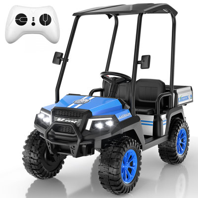 Chariot de golf pour enfants DEARAUTO 24V, voitures électriques 2 places 4 roues motrices avec télécommande, 3 vitesses, musique, lumières DEL, auvent détachable, grand coffre de rangement de 0,72 pi³, camion pour enfants de 3 à 8 ans