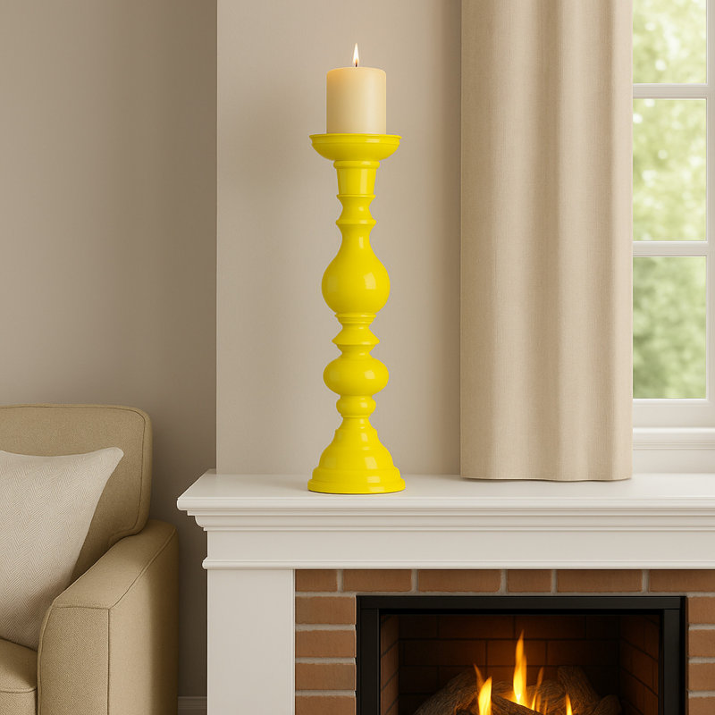 Naze Tabletop Candle Holder with Turned Accents, 23 Inch Resin, Yellow