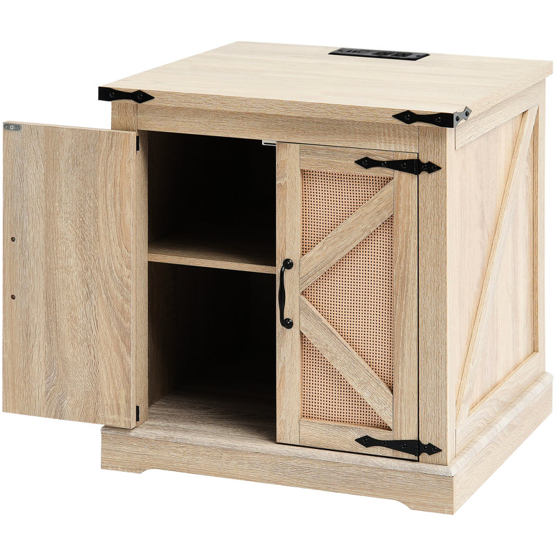 Table basse rectangulaire tissée en PE, prises de charge pratiques aux extrémités de 24 po, amplement de rangement pour les télécommandes, charnières en métal rétro, multiprise intégrée, accessoires pour cheveux