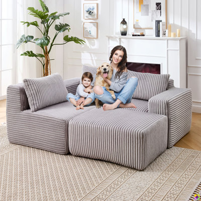Kaneki No Assembly Required Compression 100.79"W 4 Piece Corduroy Modular L Shape Sectional with Ottoman, RAF, LAF, 2 Seater, 3 Seater, Chaise Lounge