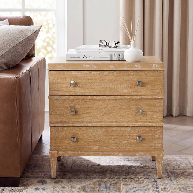 Taesan Transitional 27'' W 3-Drawer End Table with Charging Station and Solid Wood Legs, Acorn