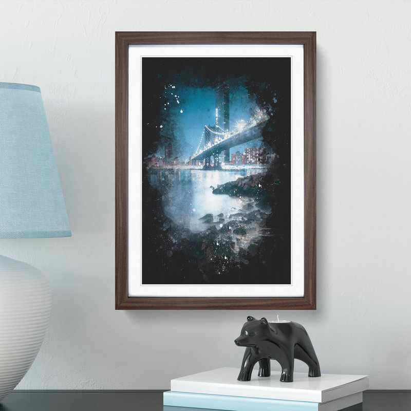 The Brooklyn Bridge in New York - Framed Print, 87cm H x 62cm W x 2cm D, Walnut Framed