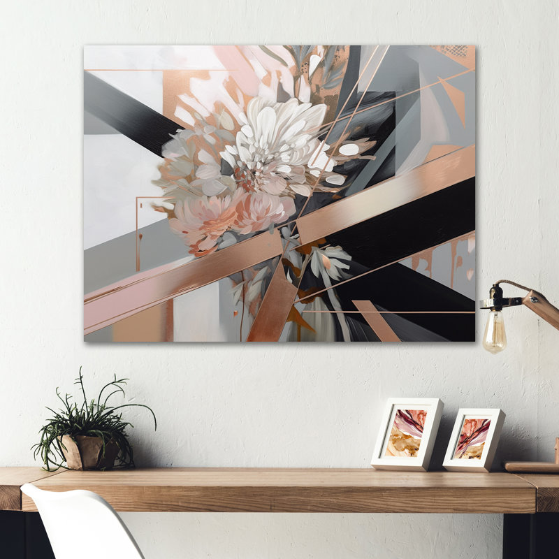 Élégance florale linéaire rose doré I - Décoration murale florale en métal, H 12 po x l 20 po x P 1 po