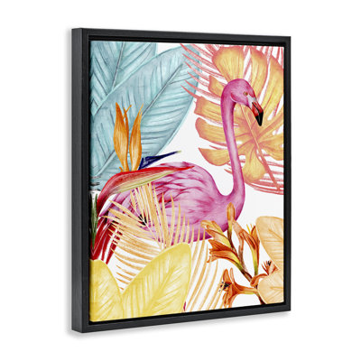 «Flamingo & Tropical Flora», art mural encadré sur toile flottante, design par Kim Allen