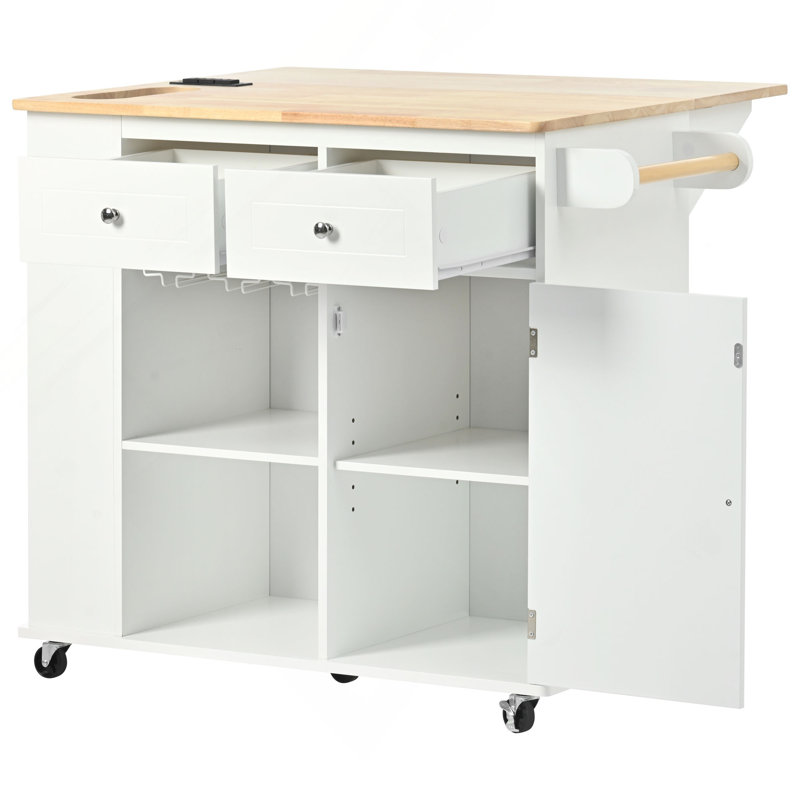Kitchen Island With Power Outlet,Kitchen Storage Island With Drop Leaf And Rubber Wood,Open Storage And Wine Rack,5 Wheels,With Adjustable Storage For Home, Kitchen, And Dining Room