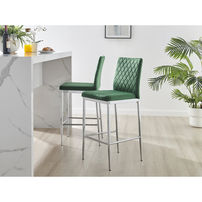 Kenesaw Luxury Breakfast Bar Stool in Quilted Design Velvet Leg - Modern Chic Kitchen, Green, Silver