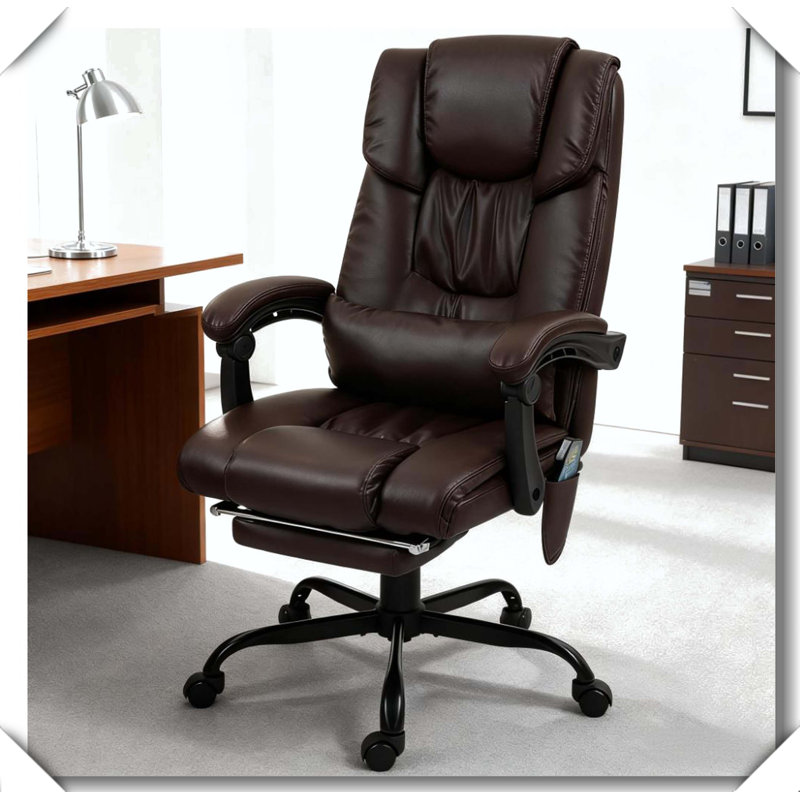 High Back Massage Office Chair 6 Vibrating Points Footrest Remote Adjustable Height, Brown