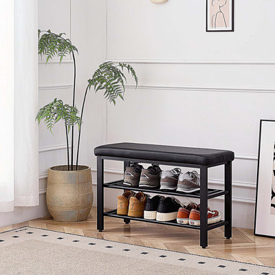 Compact 3-Tier Shoe Storage Bench with Comfortable PU Seat Cushion and Durable Metal Mesh Shelves for Entryway Organization