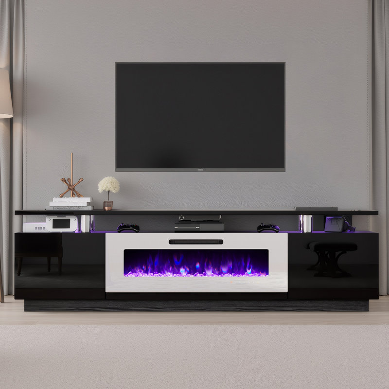 Meuble télé Bhhatu à 2 niveaux avec foyer électrique de 80 po lustré noir et blanc, 80", Noir / blanc
