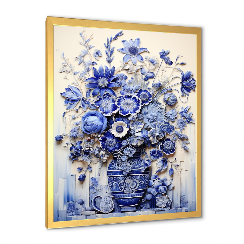 «Blue and White Boho plant Pottery II», impression sur toile Boho Pottery, Cadre doré simple, H 32 po x l 24 po x P 1 po