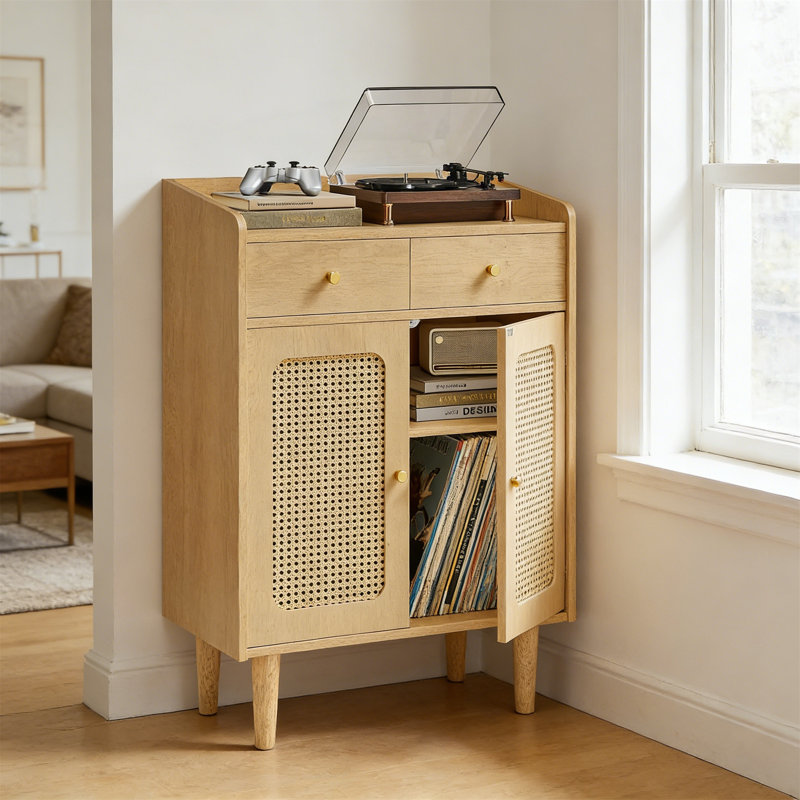 Boho Rattan-Like Door Buffet Cabinet W/ Drawers & Shelf, Oak Beige Living Room, Beige