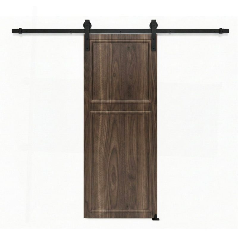 38 Series 22 po x 78 po Porte coulissante en panneau de fibres à densité moyenne de 2 panneaux de 3/4 de couleur noyer avec quincaillerie de porte de grange.