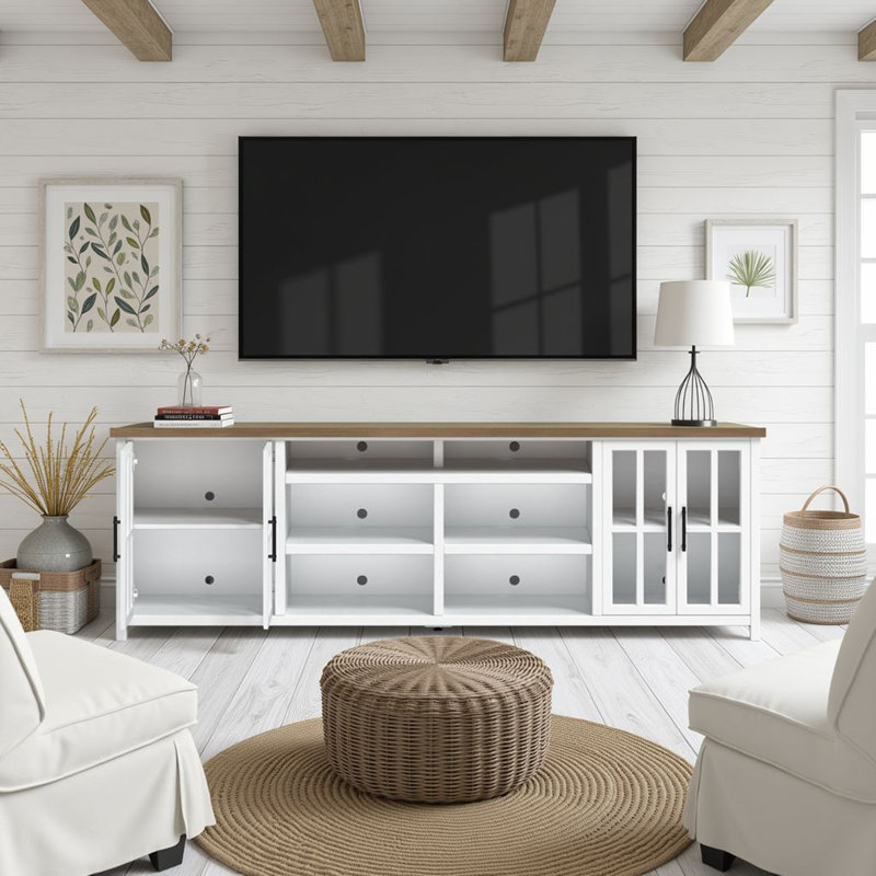 Brixham 96" Farmhouse TV Stand for TVs up to 100", Fully Assembled, White/Barnwood