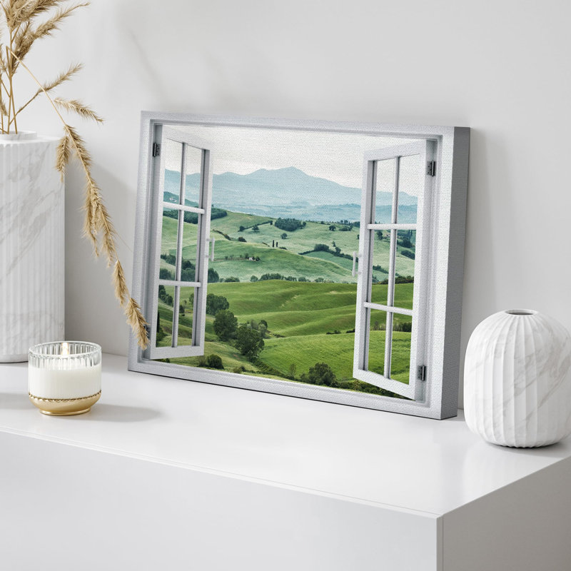 Fenêtre de paysage «Window View Emerald Green Rolling Hills Countryside Farmland Nature Images Decor Rustic Landscape» sur toile