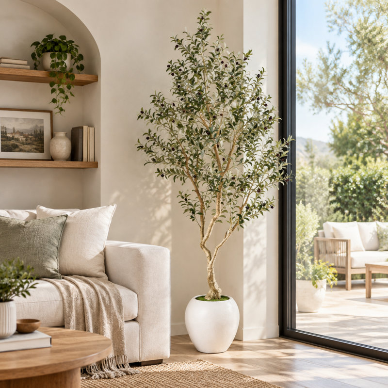 Olive artificielle 8,2 pi avec pot de fleurs blanc - Faux arbre réaliste pour l'intérieur et l'extérieur couvert