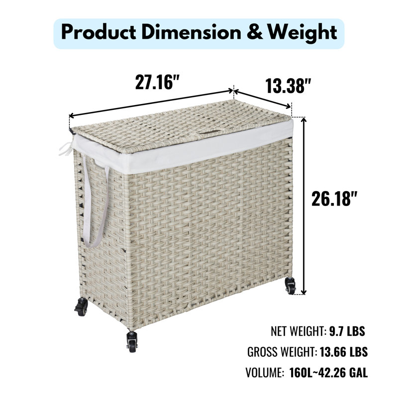 Modern Wicker Rolling Laundry Hamper with Handles, Grey