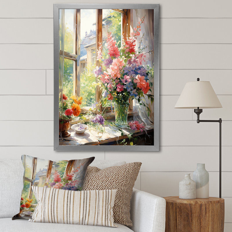 «Green French Window View II», art mural floral, H 40 po x l 30 po x P 1,5 po, Cadre simple argenté