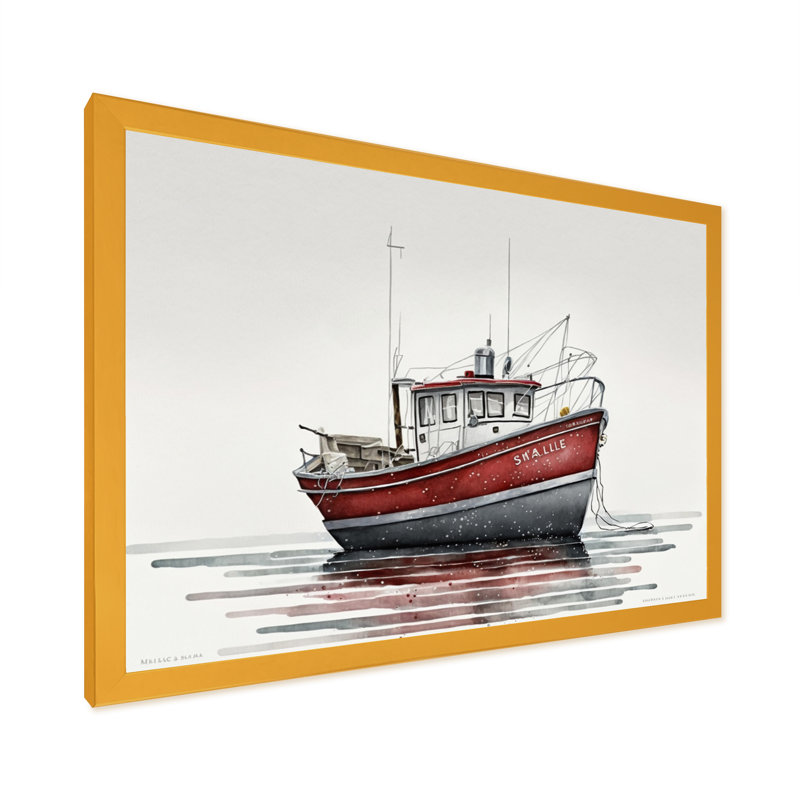 " Fisherman'S Boat In The Snow II ", Gold Picture Framed Canvas, 32" W x 16" H
