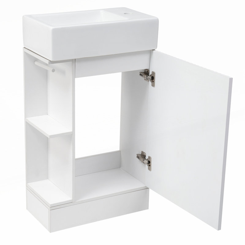 Meuble-lavabo durable en bois aggloméré avec lavabo en céramique, armoire de rangement et porte-papier hygiénique pour une organisation efficace