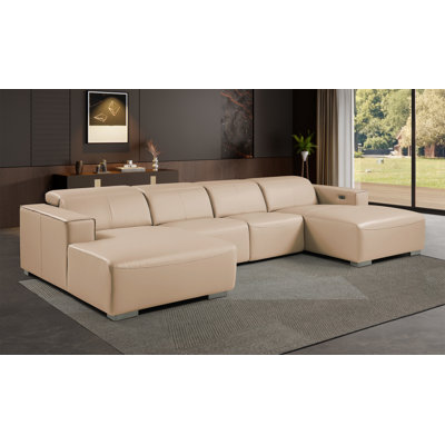 Beige 4-Piece U-Shaped Sectional In Genuine Leather With Adjustable Headrests – Open Layout