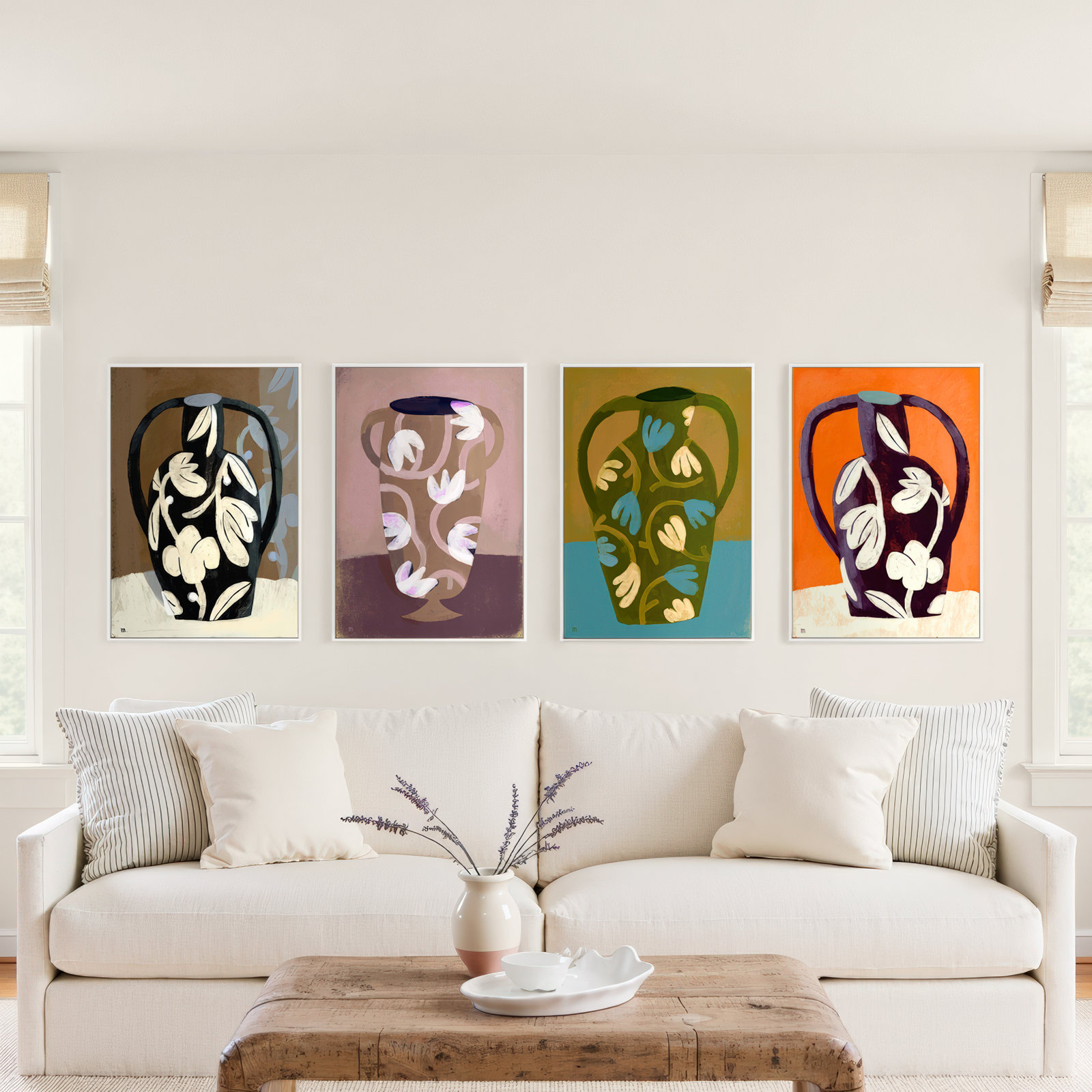 Vases 4-Piece Print Set by Marco Marella, White Framed Canvas, 20" H x 14" W x 1.25" D