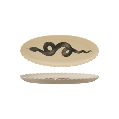 Scalloped Stoneware Platter with Hand-Painted Snake