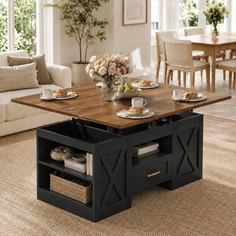 Table basse à plateau relevable, grande table basse en bois de ferme de 39,37 po avec tiroir et tablettes de rangement ouvertes, table de salon rectangulaire, table de salon centrale, bureau personnel, brun / noir