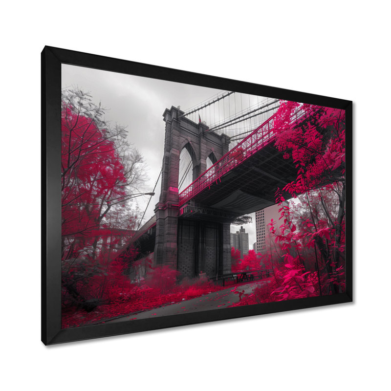 Rose, gris, pont de Brooklyn, New York, reproduction d'art murale - pont, Cadre simple noir, H 24 po x l 32 po x P 1 po