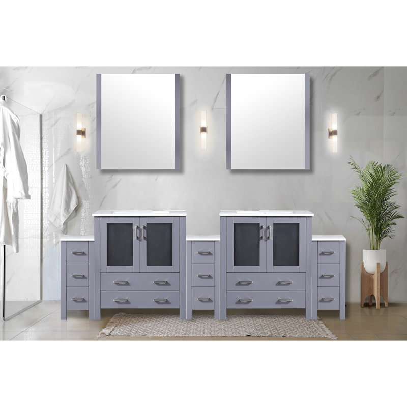 Gris foncé 96 po W Double meuble-lavabo avec comptoir en céramique blanche, 28 miroirs, fermeture en douceur et construction robuste nécessitant peu d'entretien