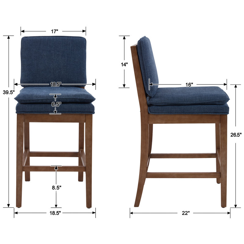 Upholstered Counter Stool with Solid Wood Legs (Set of 2), Blue Seat/Walnut Frame