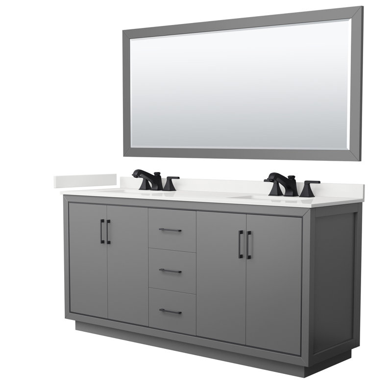 72 in. Double Vanity with Mirror, White Quartz, Dark Gray, Brushed Nickel