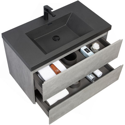 Meuble-lavabo flottant de 36 po avec lavabo, meuble-lavabo mural moderne avec lavabo à quartz noir et tiroirs à fermeture en douceur