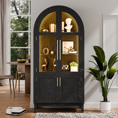 74.8" Tall Arched Storage Cabinet, 5-tier Arched Bookcase With Human Body Sensor, 3 Color Lights Display Cabinet With Glass Door For Living Room Offic by Latitude Run