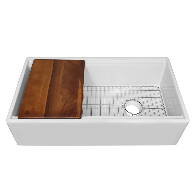 Whitehaus Collection Front Apron Single Bowl Fireclay Kitchen Sinks with Cutting Board and Grid, 36", White