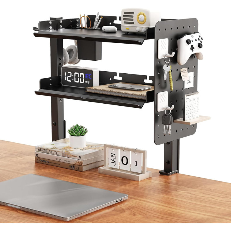 2-Tier Metal Clamp On Desk Shelf, Adjustable 16 Inch Desk Storage Shelves With Pegboard And Pencil Holder,Above Or Under Heavy Duty Desktop Organizer With Headphone Holder For Desk Accessories (Black)