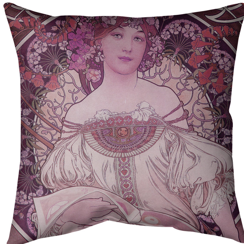 Alphonse Mucha Reversible Throw Pillow, 14" x 14", Red, Cotton Twill