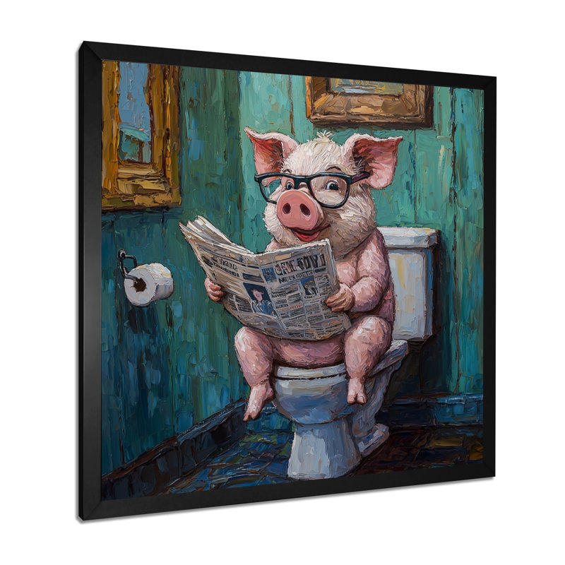 Toile de cochon Kenniyah lisant le journal II - cochon, art mural, H 36 po x l 36 po, Picture Framed Print, Noir