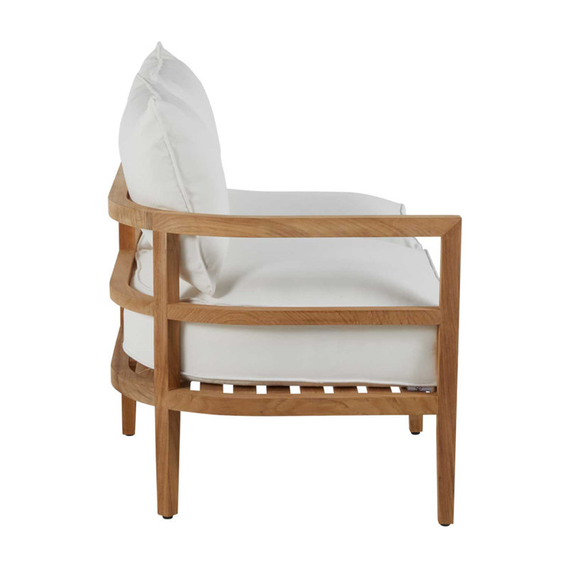 Santa Barbara 57.5" Wide Teak Loveseat with Cushions, Rollo Lace InsideOut® Linen, Natural Teak, Welt + Standard fill