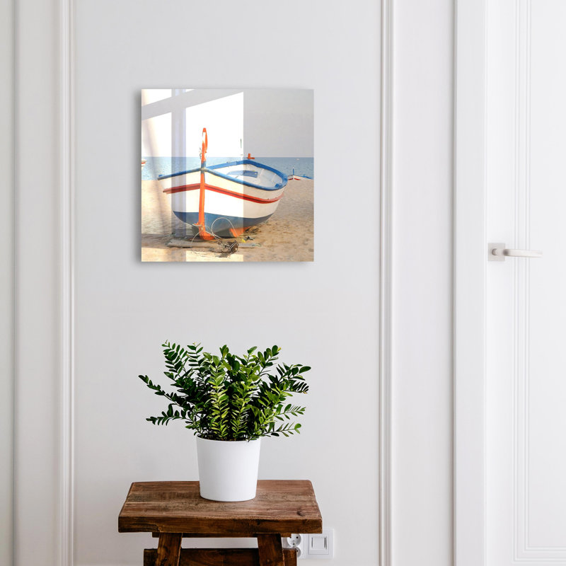 Wall mounted key box, Opens to the right, 30x30x5, White, A boat on the beach in the sunshine, 