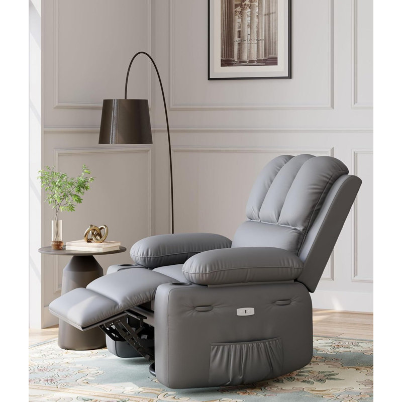 Leather Recliner Chair with 2 Cup Holders and Side Pocket, Gray