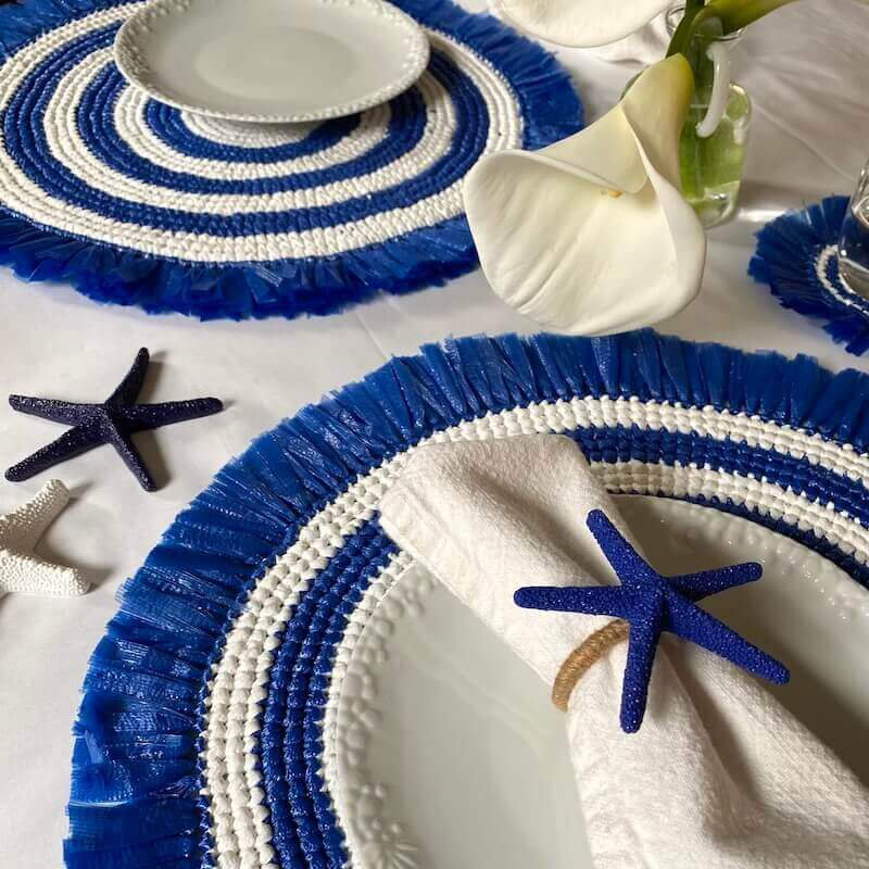 Napperons tissés à franges, Bleu marine/blanc