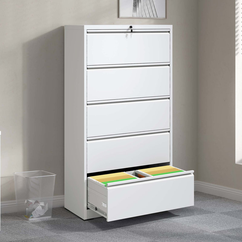 Classeur en métal 5 tiroirs avec serrure, blanc moderne pour un rangement efficace, Blanc
