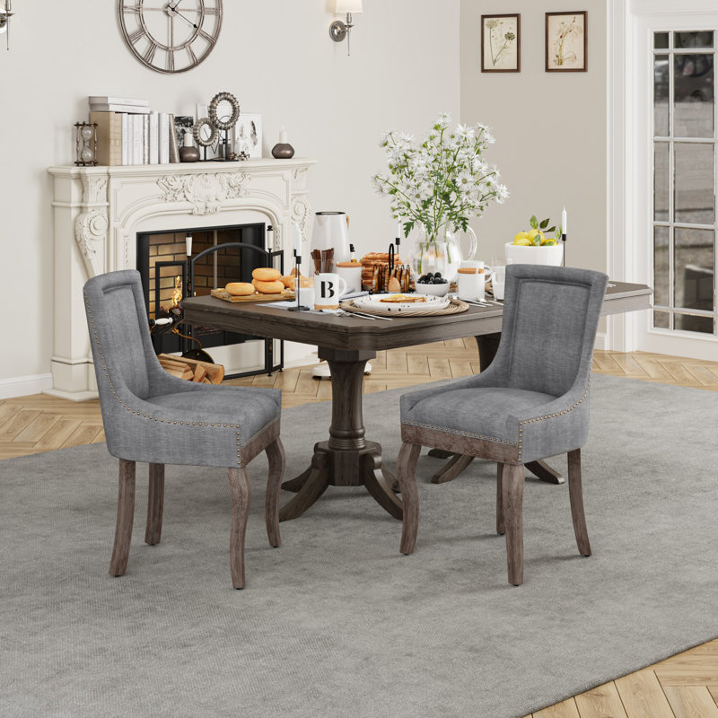 Linen Upholstered Side Chair  Dining Chair, Grey, 2, Brown