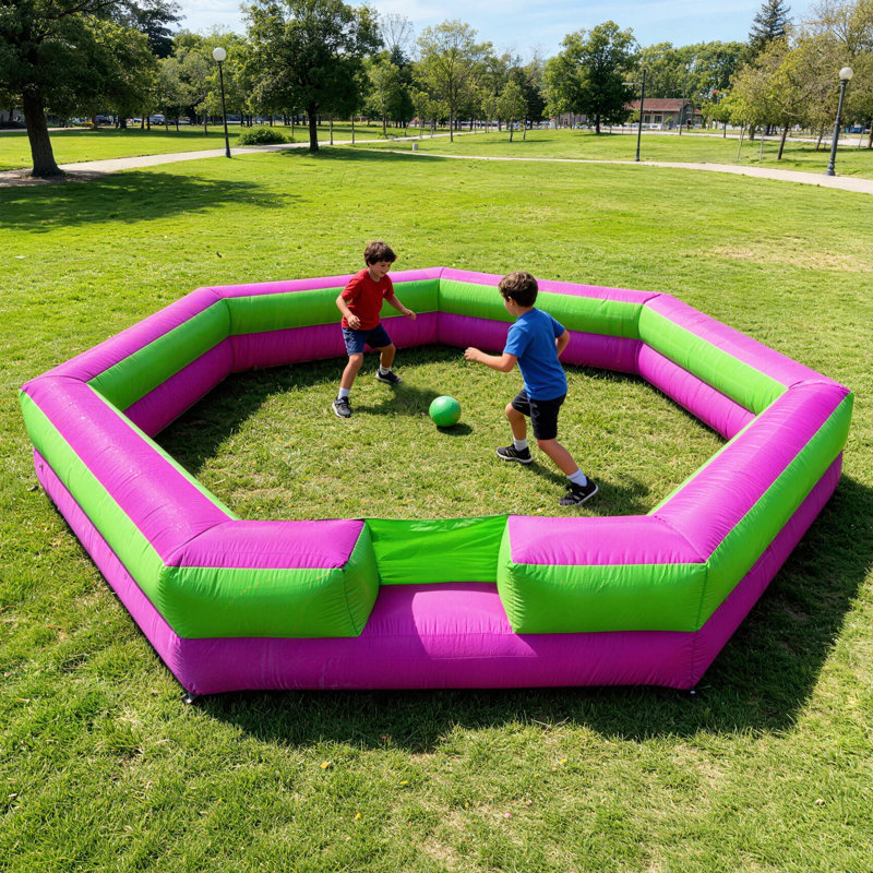 Terrain de jeu gonflable Gaga 15 pi avec ventilateur intégré, arène de sport portable pour les activités familiales intérieures et extérieures (mauve / vert)