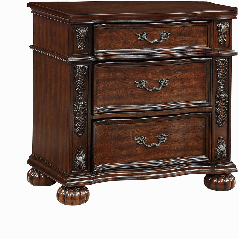 Classic Traditional Nightstand of 3 Drawers Cherry Finish Carving Wooden Bedroom Furniture 1pc