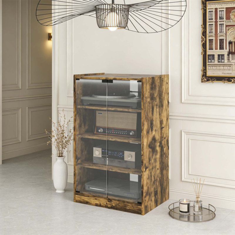 Adjustable Media Stand With Tempered Glass Doors And Cable Management For Modern Entertainment Centers