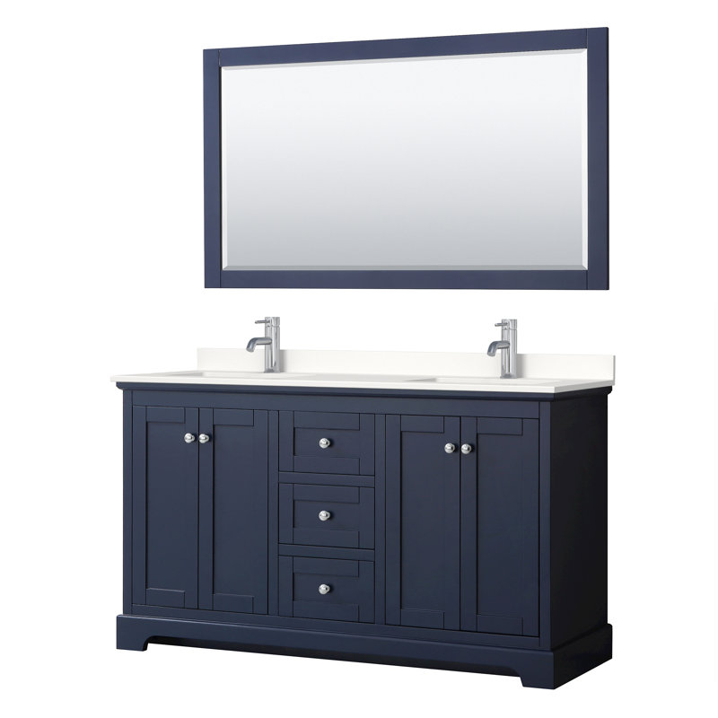 Meuble-lavabo double autoportant 60 po avec plateau en quartz et miroir Avery, Quartz blanc, Bleu très foncé, Chrome poli