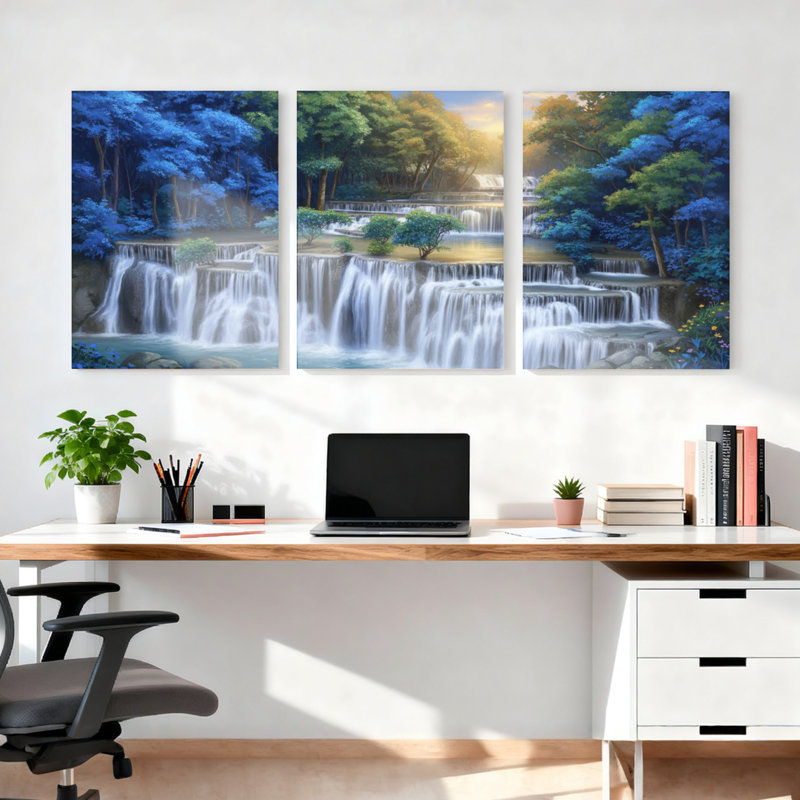 Ensemble de 3 tableaux sur toile représentant un paysage de forêt et de cascade, 1218