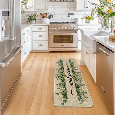 Floral Leaves Welcome Doormat - Eucalyptus - Spring Summer, Low-Profile, Indoor/Outdoor Floor Mat